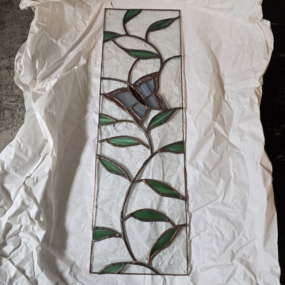 Handmade Stained Glass Panel Butterfly Beautiful Floral 6" x 19.5" Purple GreenE